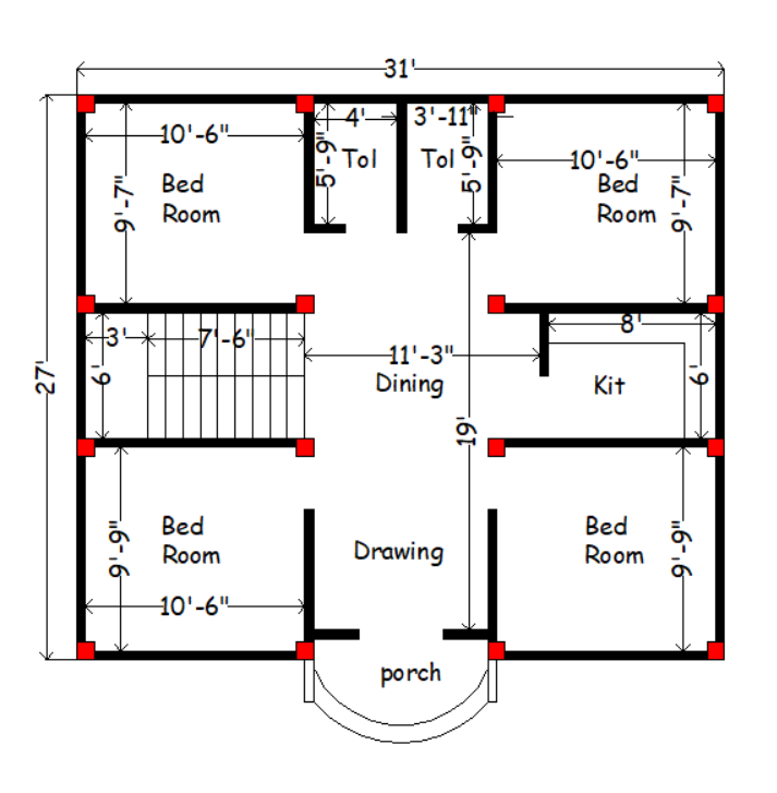 How much area required for 4 bedroom house