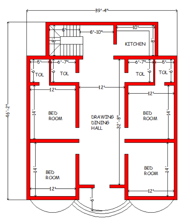 How much area required for 4 bedroom house