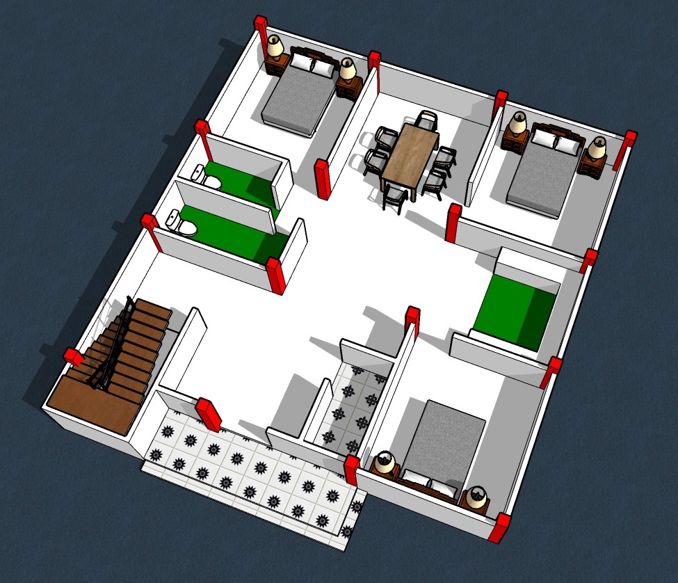 33 x 33 house plan with 3 bedroom home design